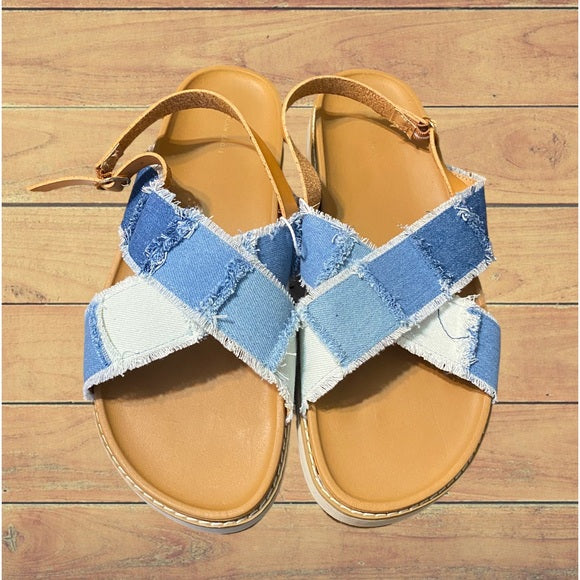 NWT - AE Women’s Criss-Cross Patchwork Strap Sandal (Blue Denim & Taupe / Multiple Sizes)