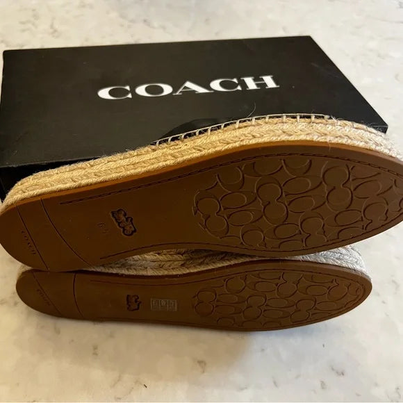 New - Coach Black Leather Slide Espadrille Sandals & Gold Coach Insignia (6.5 B)