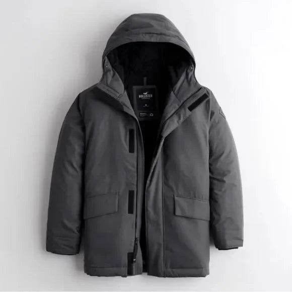 NWT - Hollister Men's Fleece-Lined Everyday Parka (Dark Grey & Black Fur / XL)